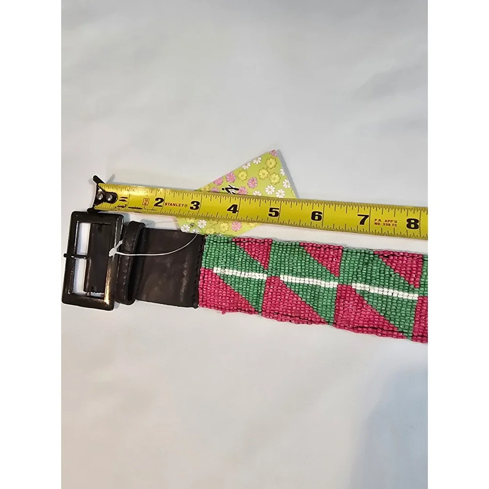 Raj Pink Green Geometric Beaded Leather‎ Belt Boho Statement Handcrafted Wide
